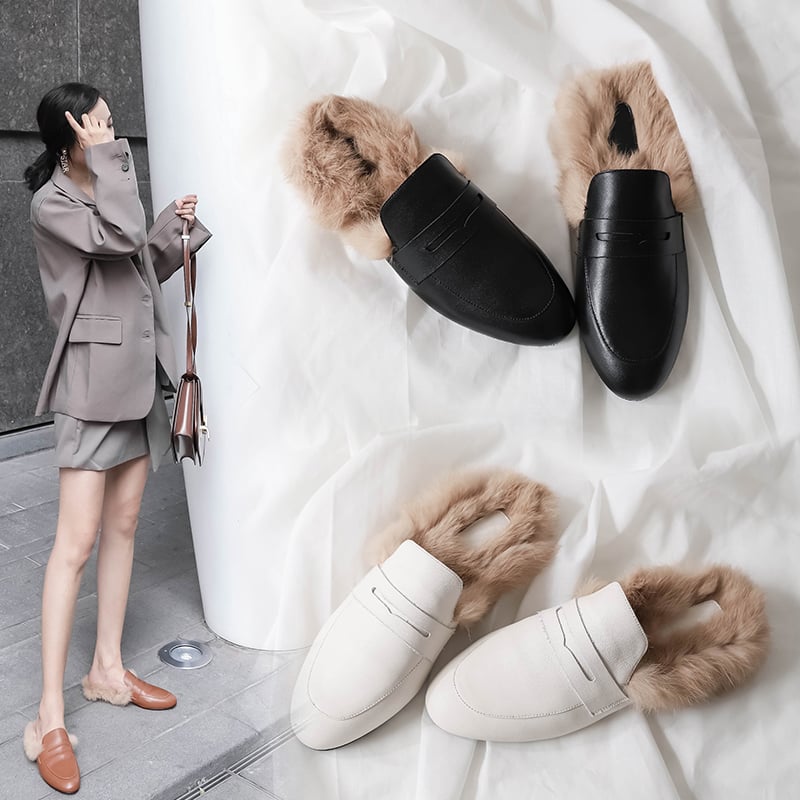 fur lined backless loafers
