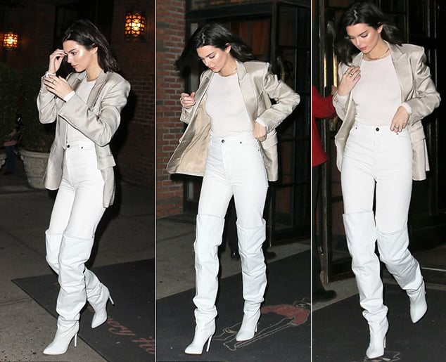 Kendall Jenner white thigh high boots style