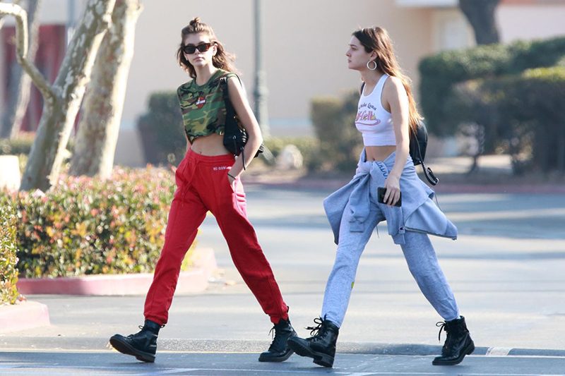 Kaia Gerber combat boots athleisure style