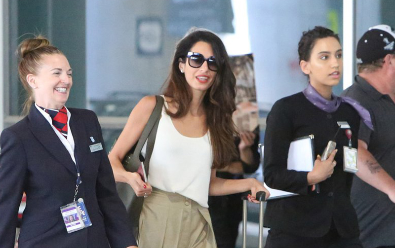 Amal Clooney block heel mule airport style