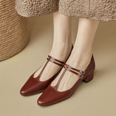 CHIKO Kisha Pointy Toe Block Heels T-Strap Shoes