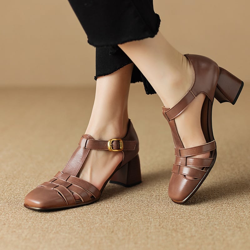 CHIKO Karolanne Square Toe Block Heels T-Strap Shoes