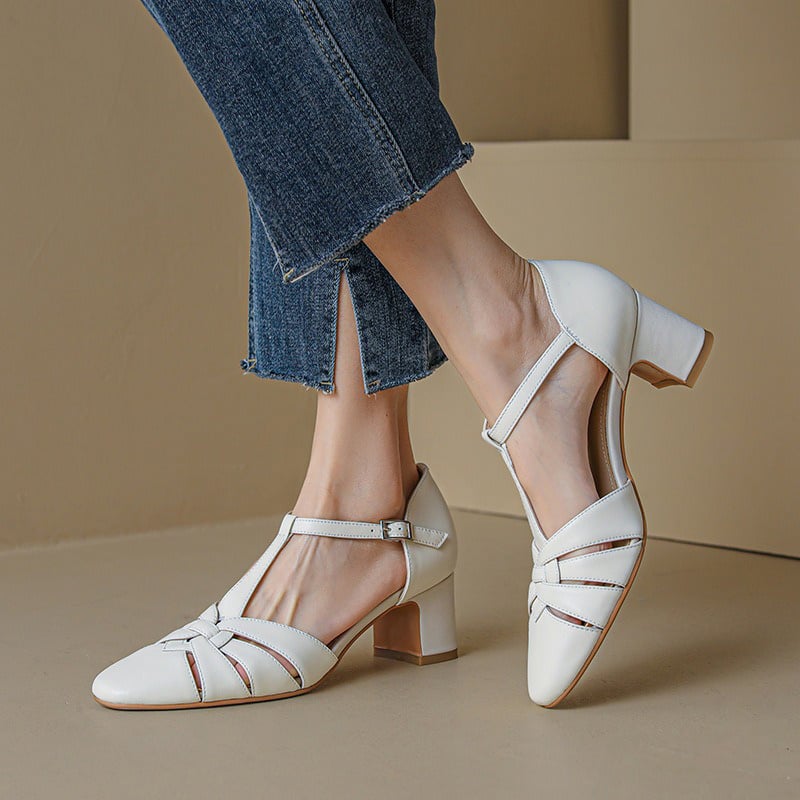 CHIKO Kaliyah Round Toe Block Heels T-Strap Shoes