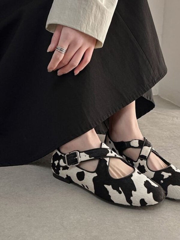 2510M5841RY232-1 CHIKO Coralie Round Toe Block Heels Cow Print Criss-Cross Pumps Shoes