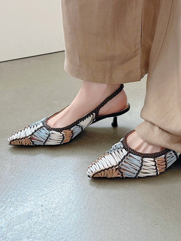 CHIKO Dore Pointy Toe Kitten Heels Patchwork Woven Mesh Slingback Shoes