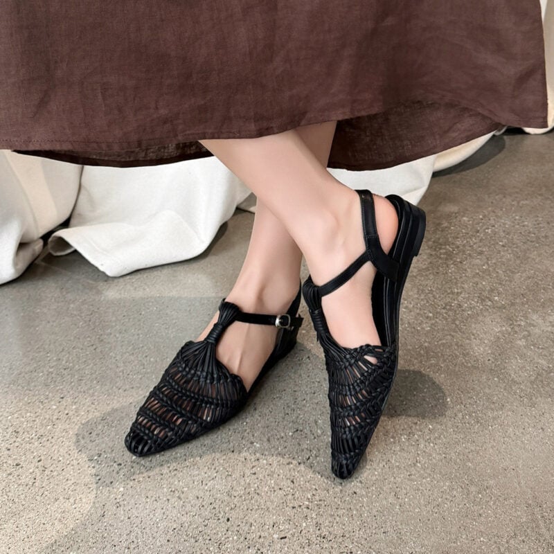 2606BLH30700-2 CHIKO Em Pointy Toe Wedge T-Strap Shoes