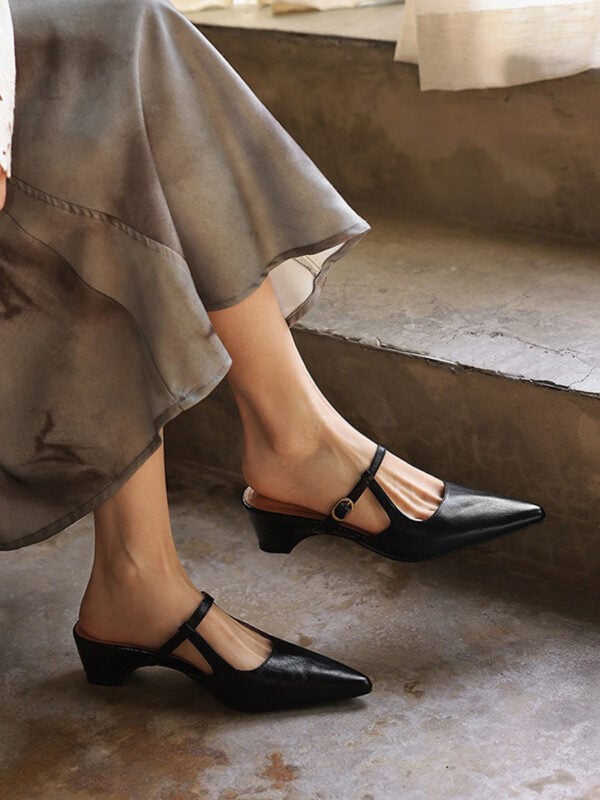 CHIKO Eugenia Pointy Toe Block Heels T-strap Mules Shoes